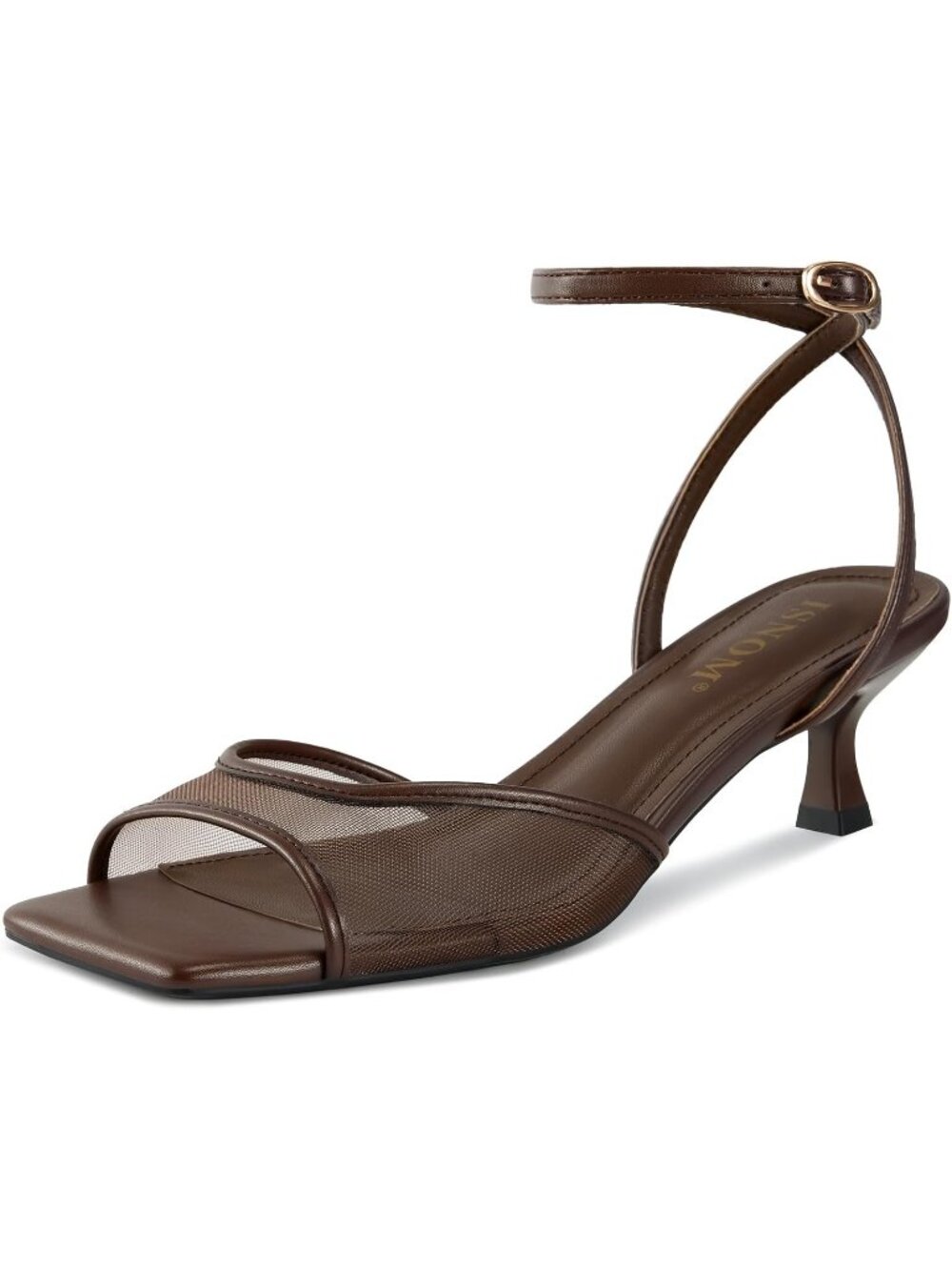 Womens Brown Mesh Kitten Heels Square Toe Ankle Strap Low Heels Sandals